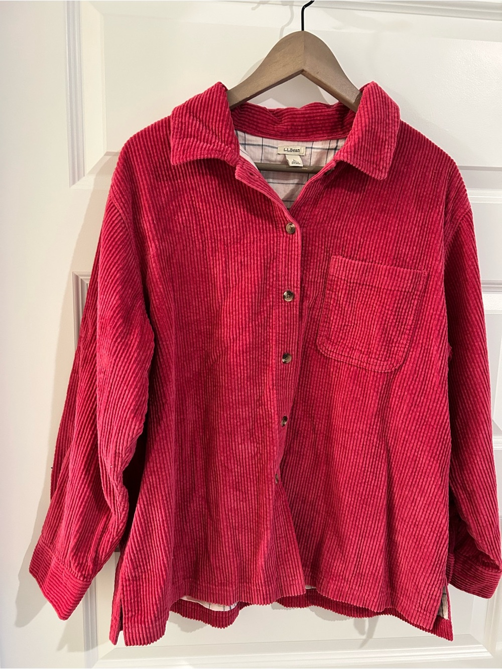 LL Bean Fleece Lined Corduroy Shirt Shacket Pink Wide Wale Size LP Petite